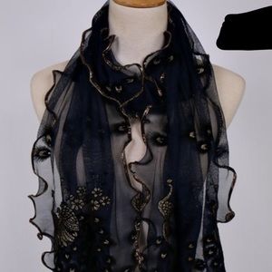 Beautiful peacock wrap around scarf in black